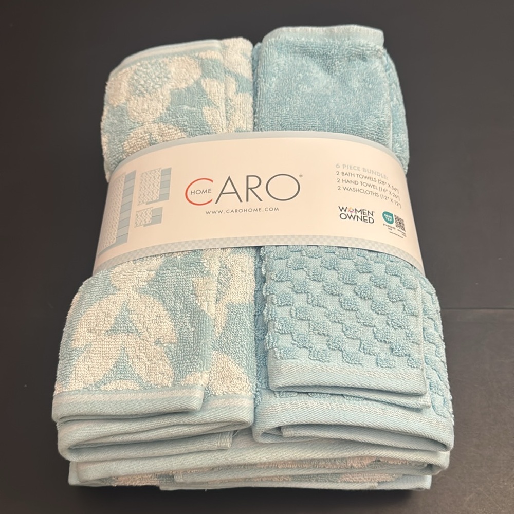 💥6pc CARO HOME 100% Cotton Bath Towel Set With Flowers - Pearl Blue - Blue/White